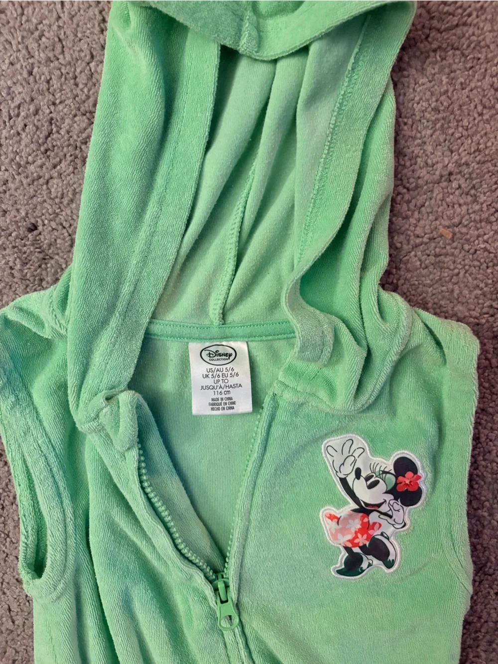 Disney Girls Green Hooded One-Piece Romper with Minnie Floral Patches/Swim cover